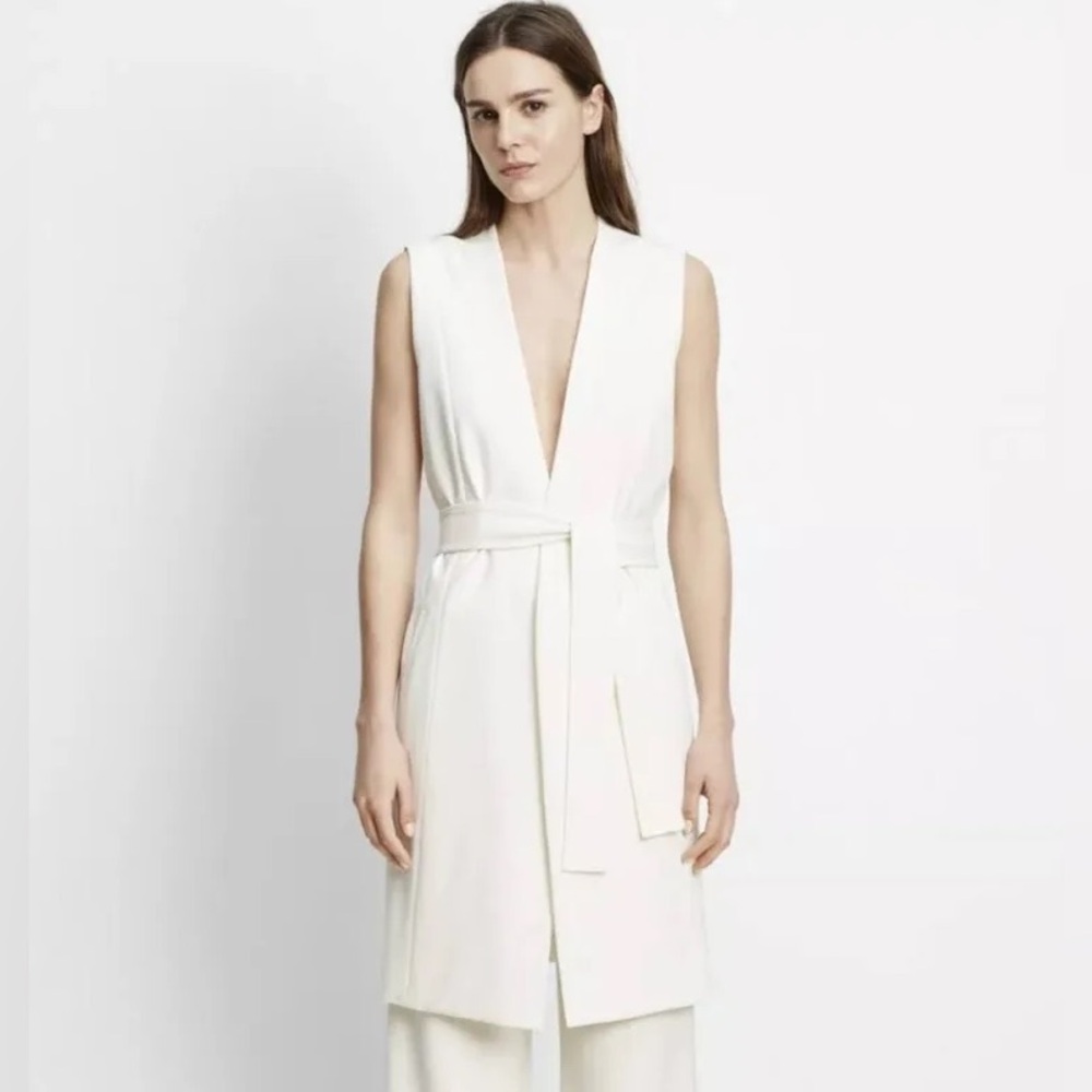 Vince Ponte Knit Vest Womens Size XS Ivory Open Front Belted Pockets Longline